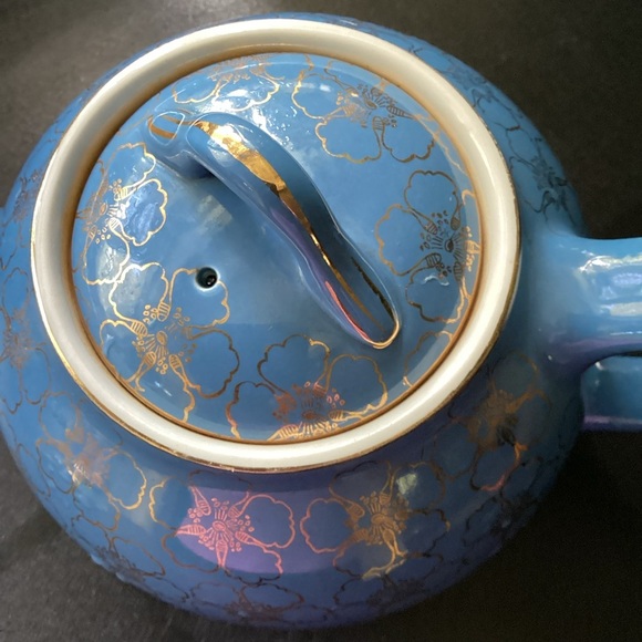 Hall Teapot French Flower Cadet Blue Periwinkle Gold Trim Vintage 1950s - Picture 3 of 14
